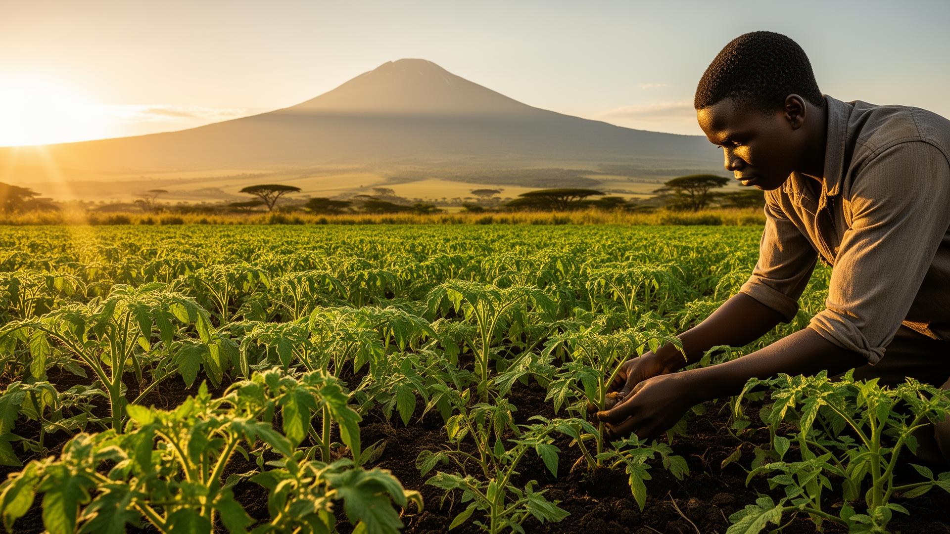 Farmer tending tomato seedlings in Kenya
